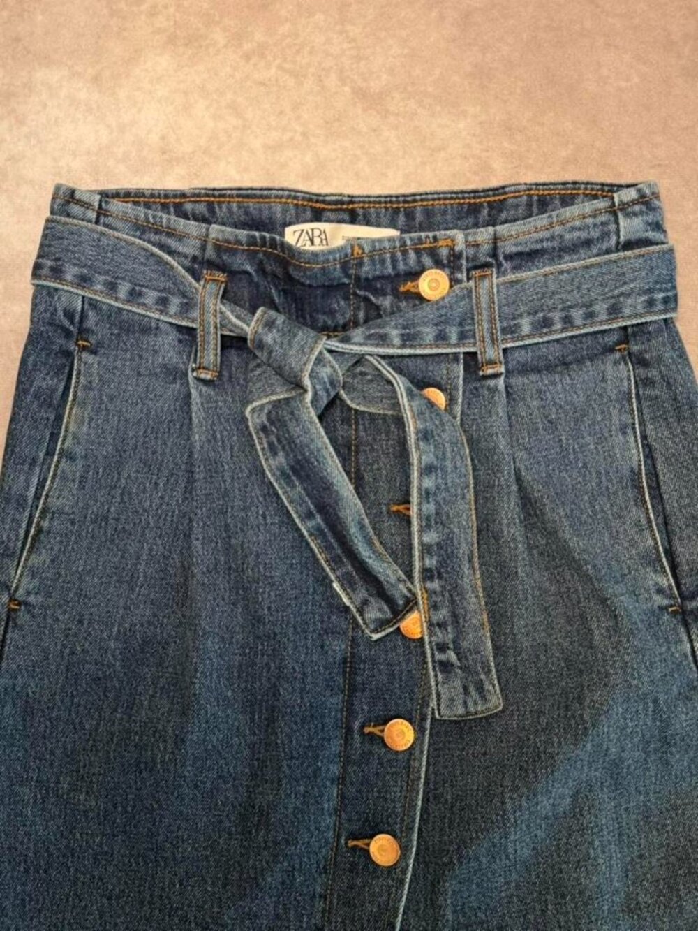 ZARA Denim Tie Waist Asymmetrical Button Front Distressed Midi Skirt Size XS - Picture 3 of 3